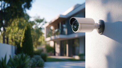 White smart home security camera mounted on the exterior wall of a modern house with a garden, close-up shot. No people