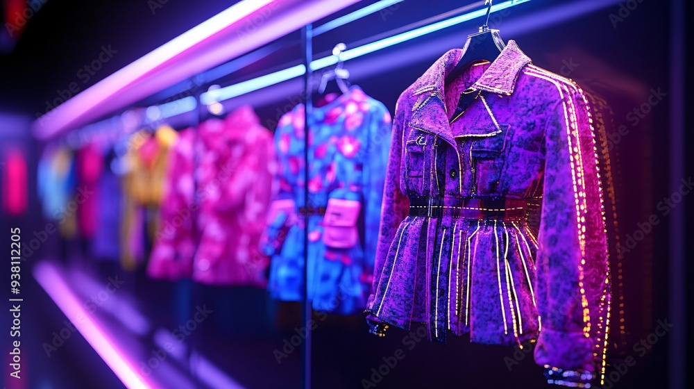 Poster A fashion designer showcasing a 3D holographic collection to clients in a virtual showroom where garments are displayed in life-size holograms allowing clients to view designs from all angles Stock