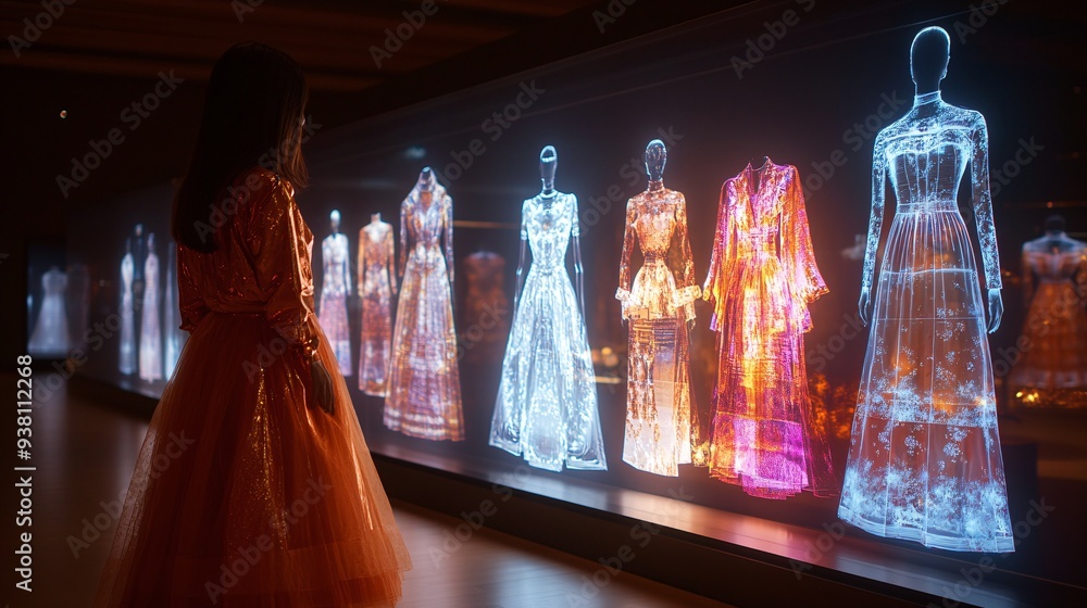Aufkleber A fashion designer showcasing a 3D holographic collection to clients in a virtual showroom where garments are displayed in life-size holograms allowing clients to view designs from all angles Stock