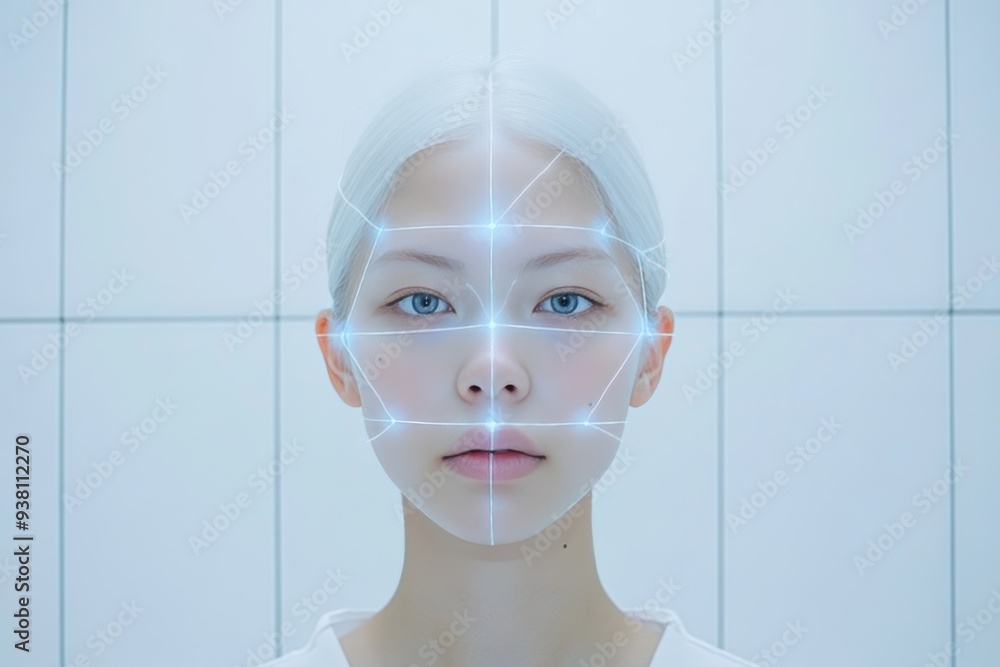 Poster close up of a woman with transparent digital interface representing the fusion of identity and advan