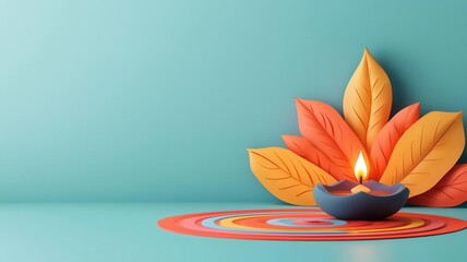 Diwali greeting card, diya and rangoli design, 3D illustration