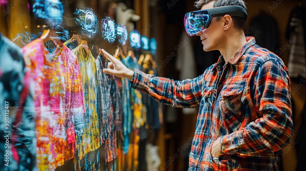 Poster A virtual fashion showroom with a designer using holographic technology to present a new clothing line to clients enabling them to interact with the garments by rotating and resizing them Stock Photo