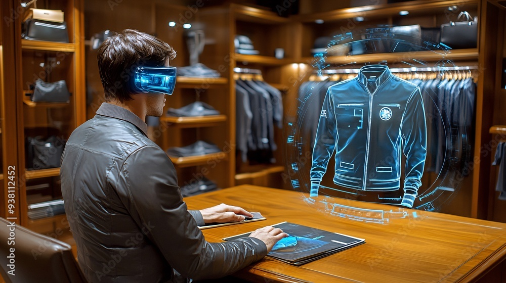 Poster A virtual fashion showroom with a designer using holographic technology to present a new clothing line to clients enabling them to interact with the garments by rotating and resizing them Stock Photo