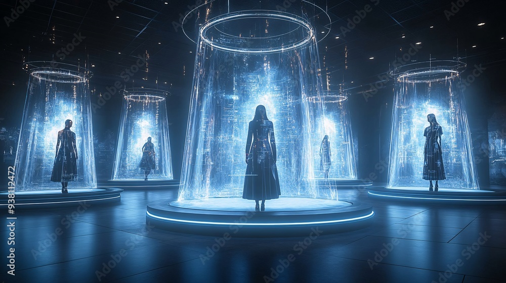 Poster A virtual fashion showroom with a designer using holographic technology to present a new clothing line to clients enabling them to interact with the garments by rotating and resizing them Stock Photo