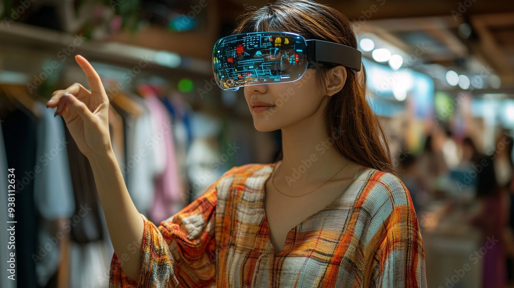 Poster A virtual fashion showroom with a designer using holographic technology to present a new clothing line to clients enabling them to interact with the garments by rotating and resizing them Stock Photo