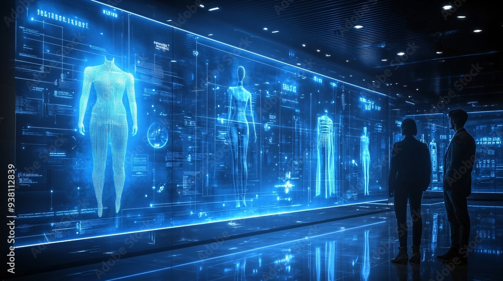 Poster a virtual fashion showroom where clients observe a 3d holographic display of a fashion collection as