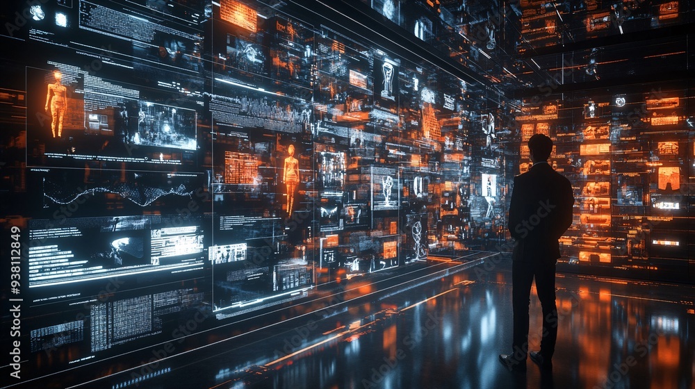 Poster a virtual fashion showroom where clients observe a 3d holographic display of a fashion collection as
