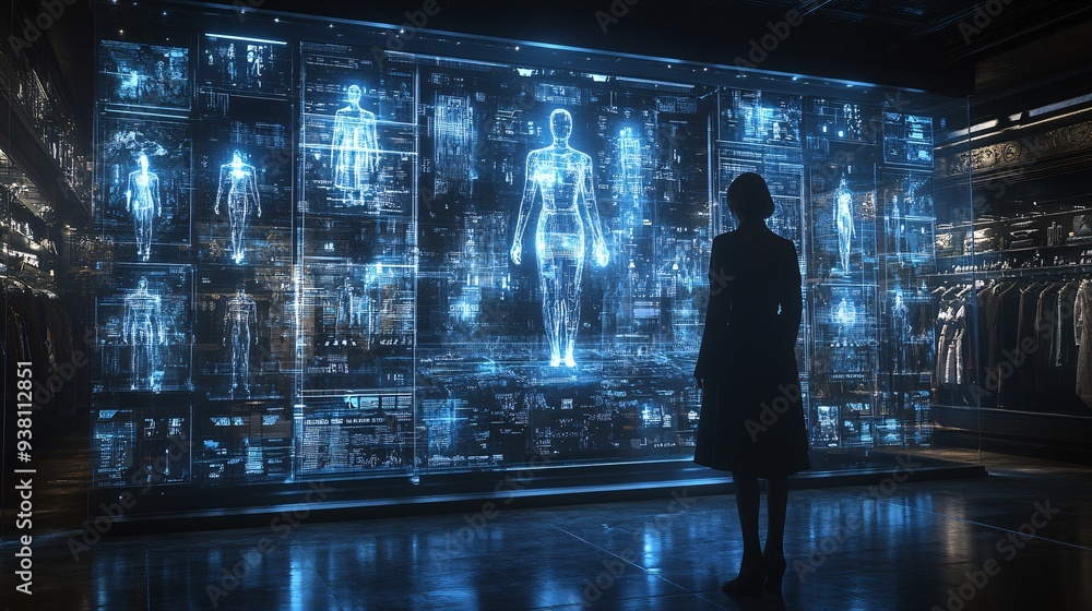 Poster An immersive virtual showroom with a fashion designer presenting a 3D holographic runway show allowing clients to experience the collection in an interactive and dynamic environment Stock Photo with