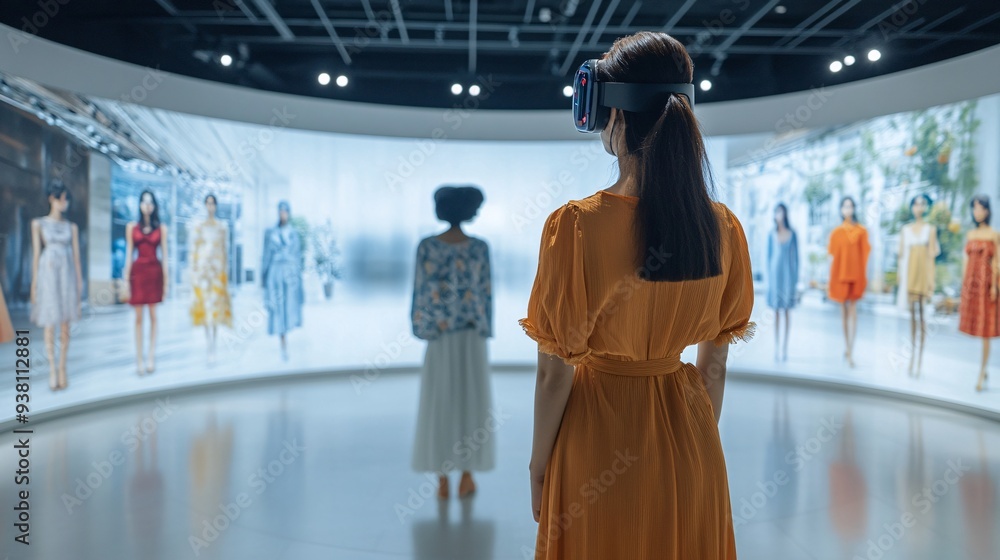 Poster An immersive virtual showroom with a fashion designer presenting a 3D holographic runway show allowing clients to experience the collection in an interactive and dynamic environment Stock Photo with
