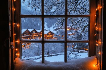 A cozy mountain village view through a snowy window with warm lights creating a serene and picturesque winter scene