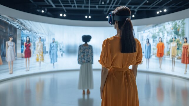 An immersive virtual showroom with a fashion designer presenting a 3D holographic runway show allowing clients to experience the collection in an interactive and dynamic environment Stock Photo with