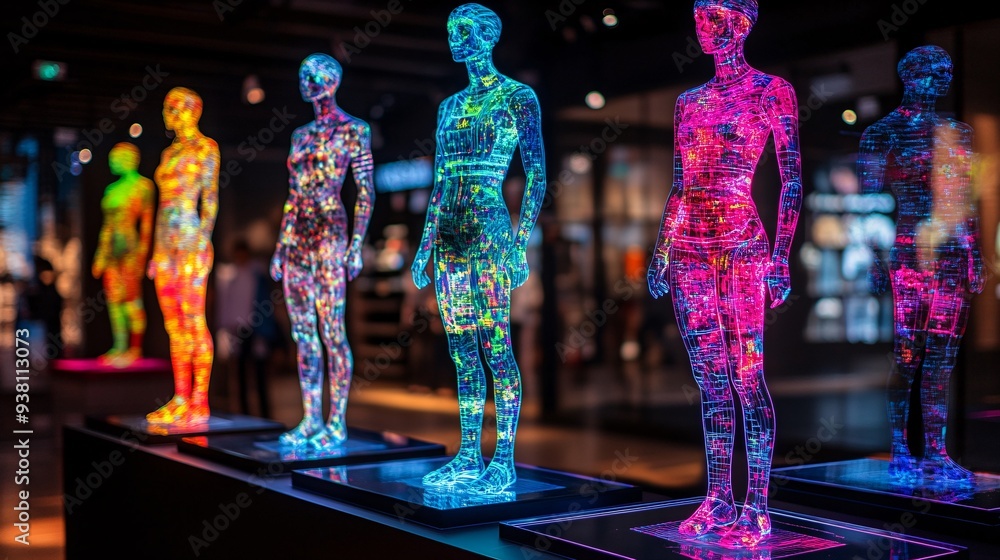 Poster a virtual fashion showroom where a designer uses holographic technology to project a full collection