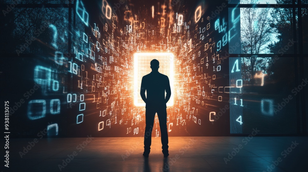 Poster a man stands in front of a computer screen with a large number of numbers