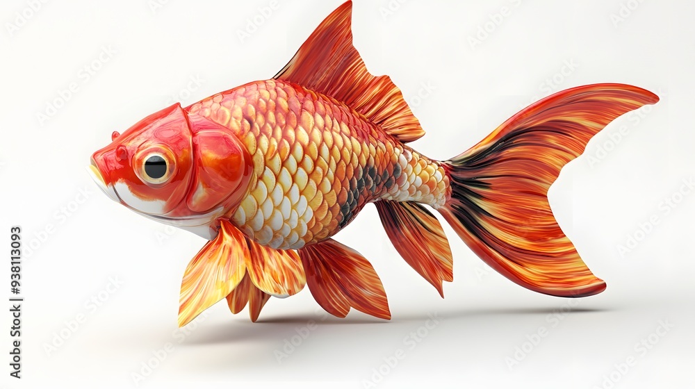 Poster 80. **a lifelike 3d render of a ceramic tile art showcasing a vibrant goldfish with intricate scales