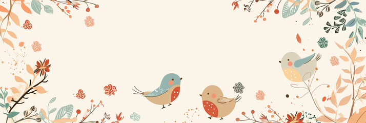 cute small birds and flower doodle earth tone colours, space for text, design for children's wallpaper, poster, fabric, clothes, vintage, texture, floral, design, frame, grunge, art, card, pattern, 