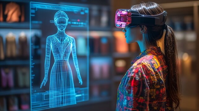 A fashion designer manipulating a 3D holographic dress in a virtual showroom demonstrating how the garment moves and flows while clients watch and provide feedback Stock Photo with copy space