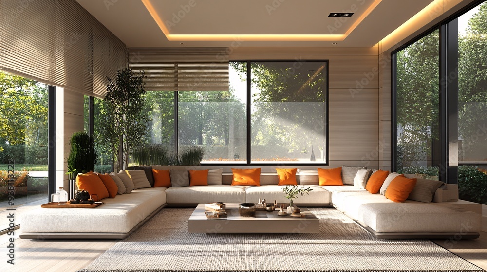 Poster A designer in a modern living room using a 3D hologram to visualize different furniture arrangements and color schemes exploring how various design elements interact within the space Stock Photo with