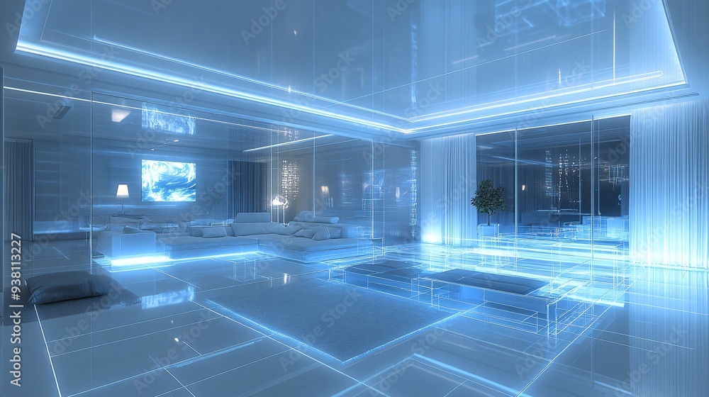 Aufkleber A designer in a modern living room using a 3D hologram to visualize different furniture arrangements and color schemes exploring how various design elements interact within the space Stock Photo with