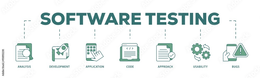 Poster software testing icon infographic illustration concept with icon of bugs, code, usability, approach,