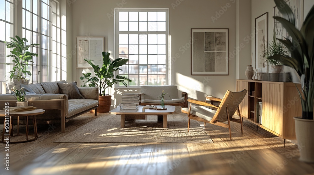 Aufkleber A designer in a modern living room using a 3D hologram to visualize different furniture arrangements and color schemes exploring how various design elements interact within the space Stock Photo with