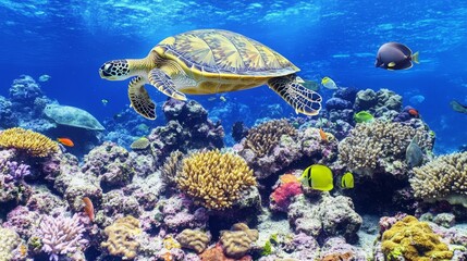 Obraz premium Sea Turtle Swimming Over Vibrant Coral Reef