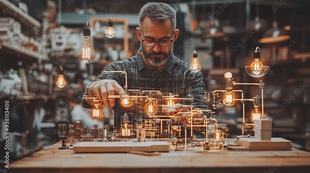 Aufkleber a detailed view of a designer manipulating a 3d hologram of light fixtures and furniture within a ph