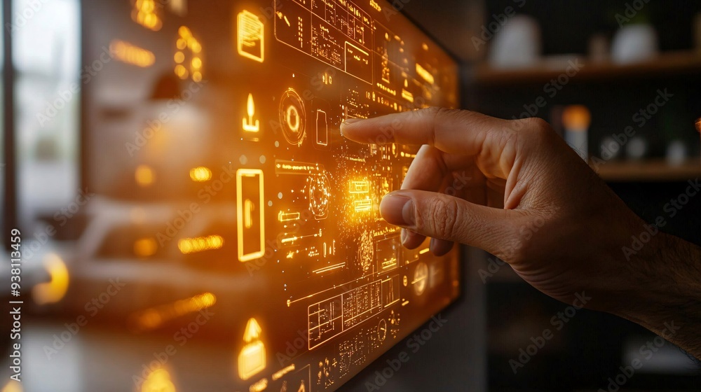 Poster A detailed view of a designer manipulating a 3D hologram of light fixtures and furniture within a physical room showcasing how augmented reality aids in exploring aesthetic options Stock Photo with