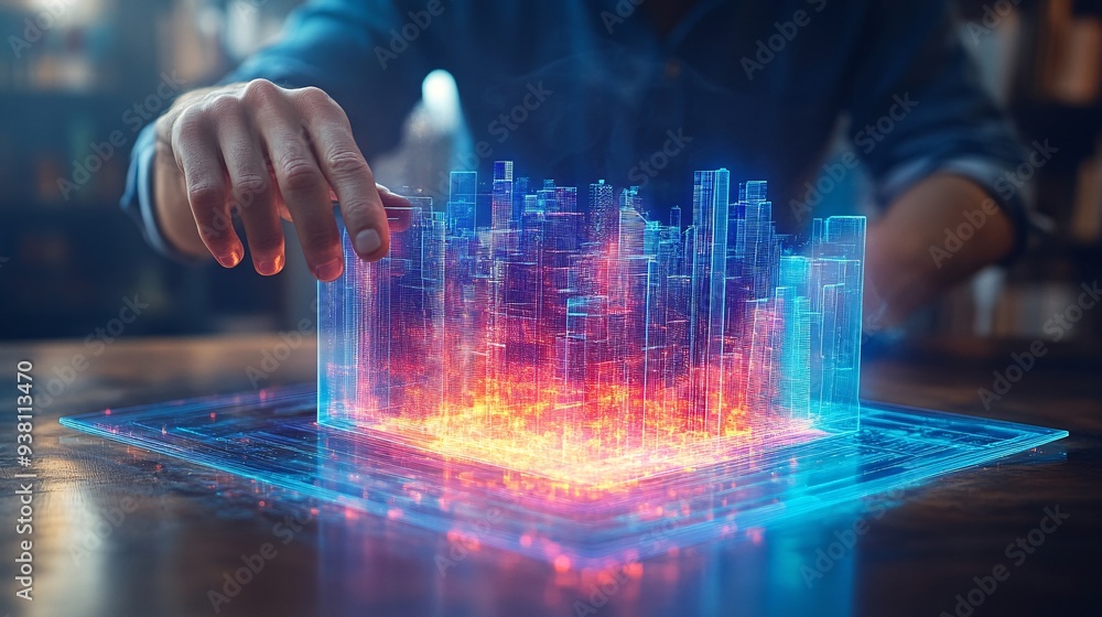 Aufkleber a detailed view of a designer manipulating a 3d hologram of light fixtures and furniture within a ph