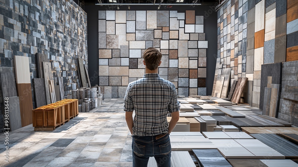 Poster A designer standing in a partially furnished room using augmented reality to project different wall textures and floor materials onto the existing space demonstrating functionality and style Stock
