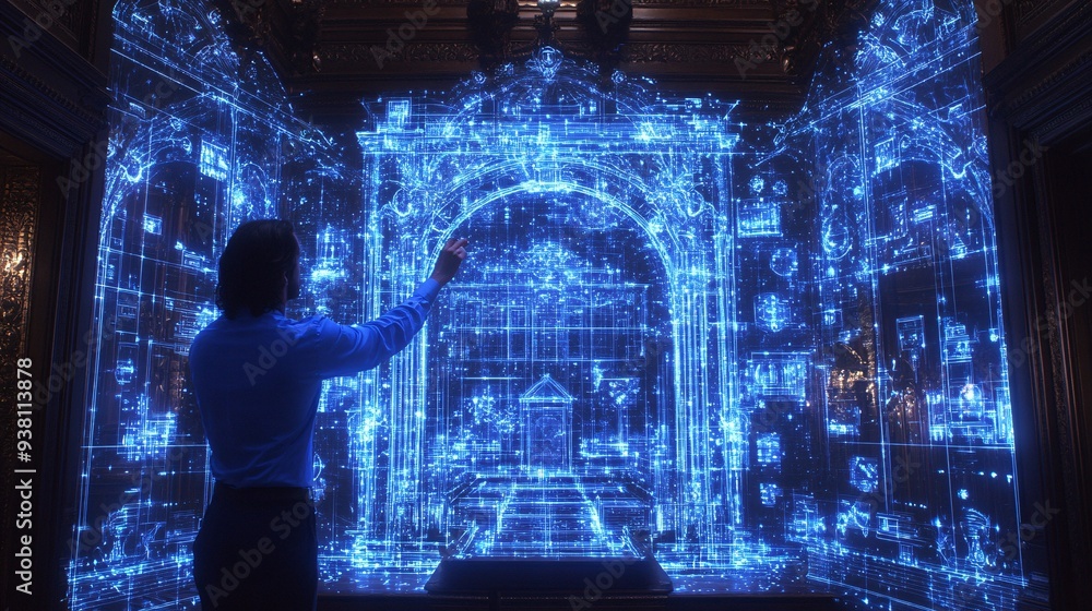 Aufkleber a designer interacting with a 3d hologram of a fully furnished room overlaying it onto a real enviro