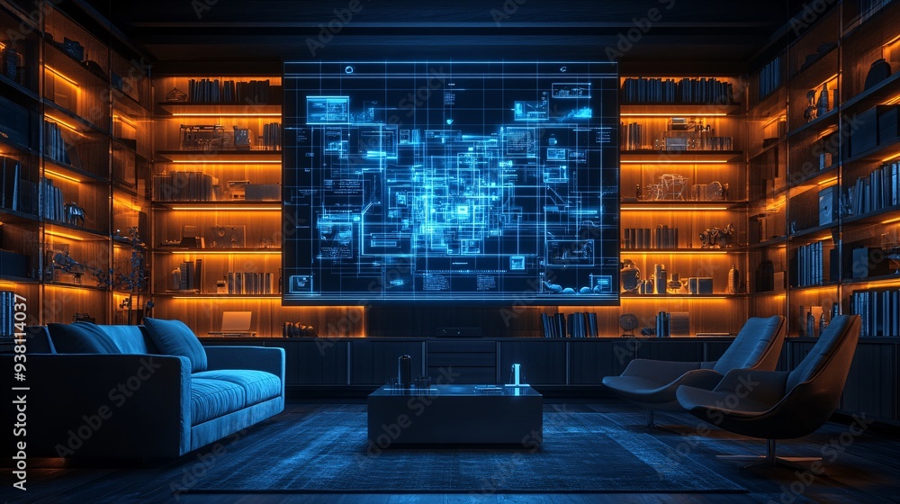 Aufkleber A room setup where a designer is using a 3D holographic projection to simulate different decorative elements and furniture combinations providing a comprehensive preview of potential designs Stock