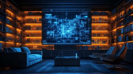 A room setup where a designer is using a 3D holographic projection to simulate different decorative elements and furniture combinations providing a comprehensive preview of potential designs Stock