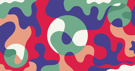 Abstract retro-inspired background with fluid, wavy shapes in bold red, blue, green, and cream tones. Ideal for creative projects, web design, social media, and branding visuals