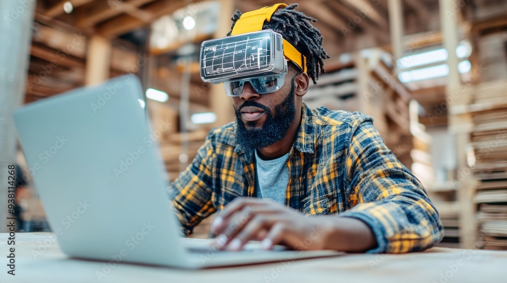 Aufkleber A designer using augmented reality to project and adjust various design elements within a physical space allowing them to experiment with different layouts and decor in real-time Stock Photo with