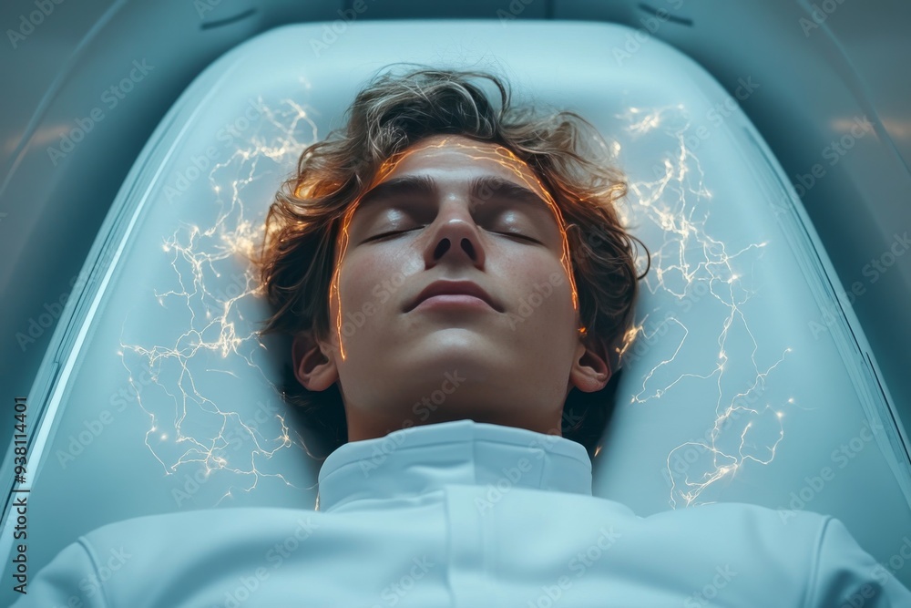 Poster young man resting with digital neural visualization highlighting the intersection of sleep and techn