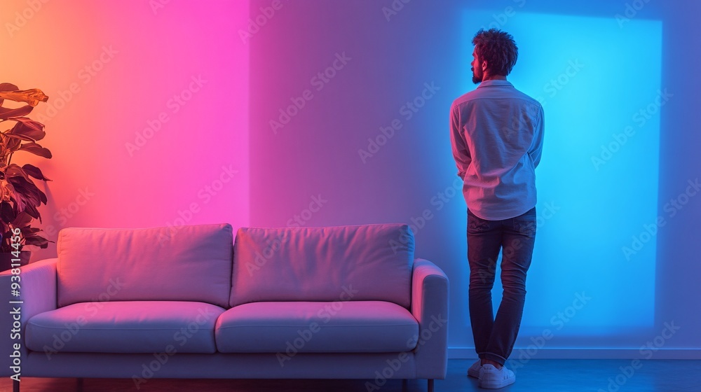 Poster A designer standing in a minimalist room using a 3D hologram to visualize how different furniture pieces would fit into the space enhancing the design process with technology Stock Photo with copy