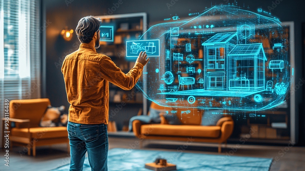 Poster A designer standing in a minimalist room using a 3D hologram to visualize how different furniture pieces would fit into the space enhancing the design process with technology Stock Photo with copy