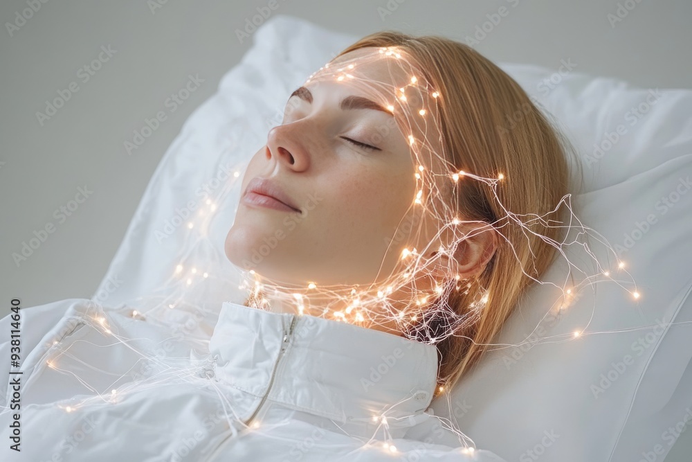 Aufkleber serene woman resting with digital neural graphics representing the intersection of healthcare and te