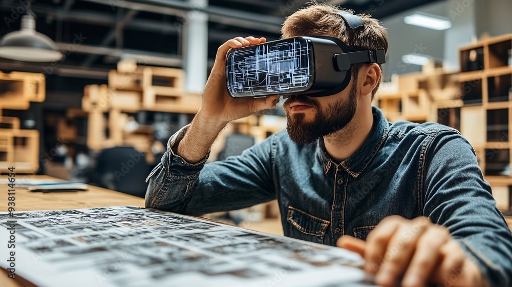 Poster A modern office where a designer is using augmented reality to project and adjust different design elements within the space offering a futuristic approach to interior design Stock Photo with copy