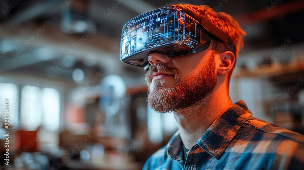 Poster A modern office where a designer is using augmented reality to project and adjust different design elements within the space offering a futuristic approach to interior design Stock Photo with copy