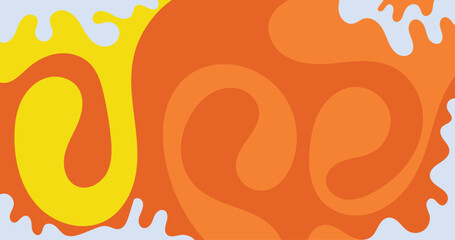 Abstract retro-style background featuring fluid, organic shapes in vibrant yellow and orange hues with subtle light blue accents. Ideal for graphic design, web, and print projects
