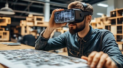 A modern office where a designer is using augmented reality to project and adjust different design elements within the space offering a futuristic approach to interior design Stock Photo with copy