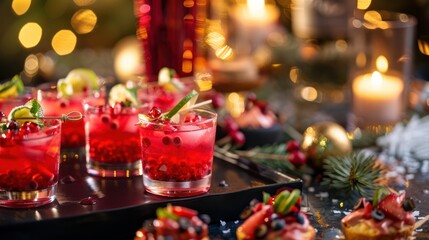 Close-up of festive cocktails and hors d'oeuvres at a holiday party. 