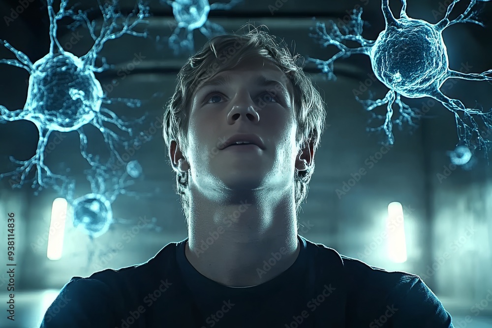 Poster young boy in a futuristic environment with neural connections representing the power of thought and 