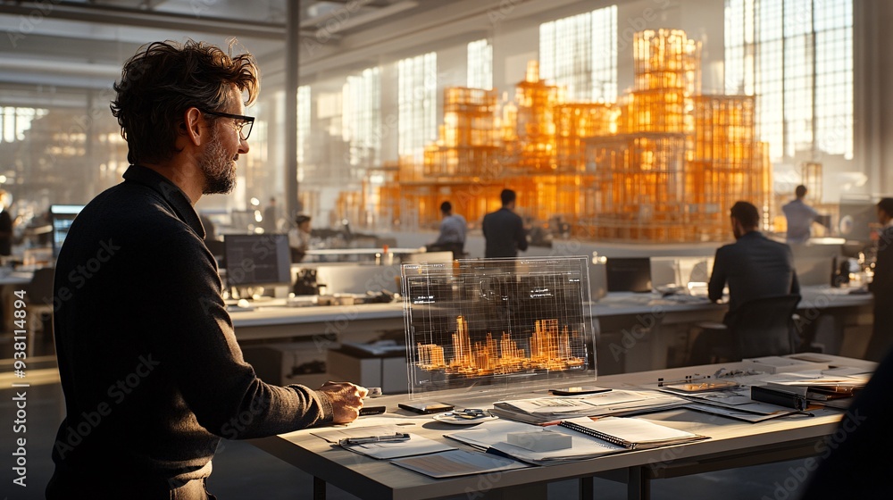 Poster A bustling open-concept office where architects and engineers interact with 3D holograms at their desks representing cutting-edge technology in the workplace Stock Photo with copy space