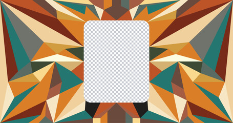 Colorful abstract geometric frame with a transparent center, featuring angular polygons in warm tones. Ideal for photo overlays, invitations, posters, and modern design projects