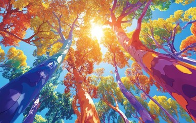 Upward view of cartoon gum trees in 1point perspective