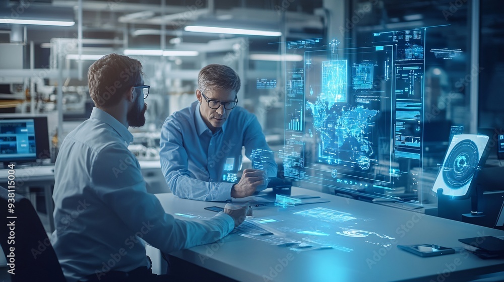 Aufkleber A team of professionals in a modern office space using 3D holograms to collaborate on various design and engineering projects showcasing a futuristic approach to problem-solving Stock Photo with copy