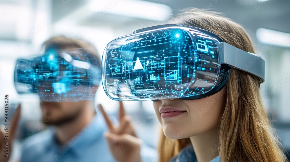 Aufkleber A team of professionals in a modern office space using 3D holograms to collaborate on various design and engineering projects showcasing a futuristic approach to problem-solving Stock Photo with copy
