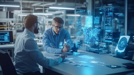 A team of professionals in a modern office space using 3D holograms to collaborate on various design and engineering projects showcasing a futuristic approach to problem-solving Stock Photo with copy